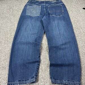 Baggy Clench Jeans Y2K Tiger Slash Embroidered Hiphop Style Dark Wash 38/30